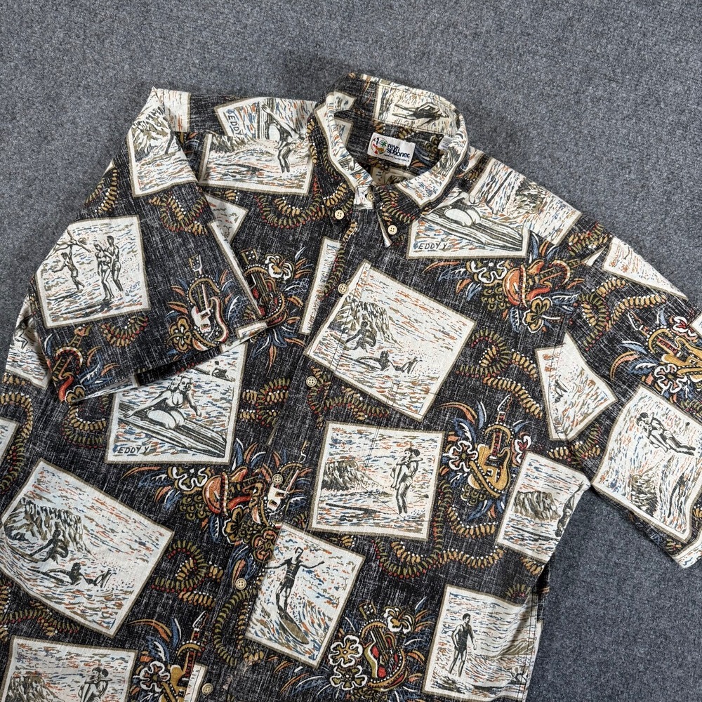 Reyn Spooner Hawaiian Shirt Mens Large Surfing Ukulele Floral Eddy Y Floral